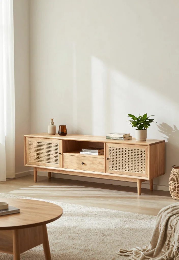 14 Cane TV Unit Ideas With Natural Texture - 1. Scandinavian Chic Cane Unit 1