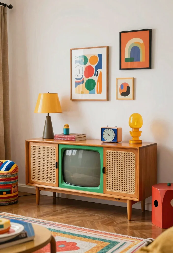 14 Cane TV Unit Ideas With Natural Texture - 12. Retro Revival 1