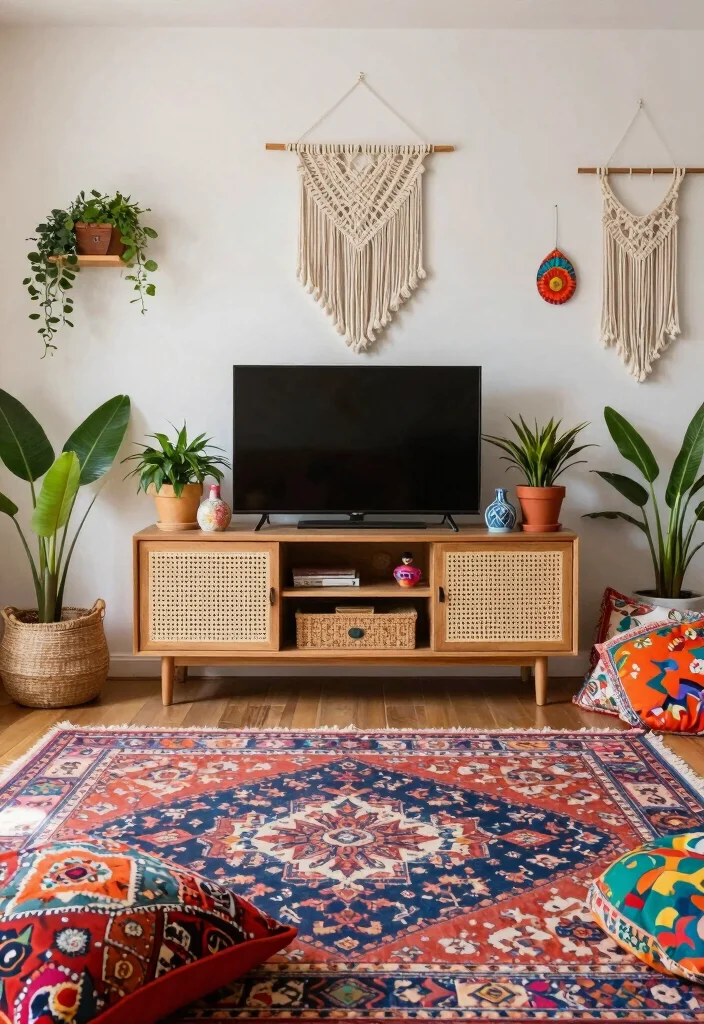 14 Cane TV Unit Ideas With Natural Texture - 2. Bohemian Vibes 1