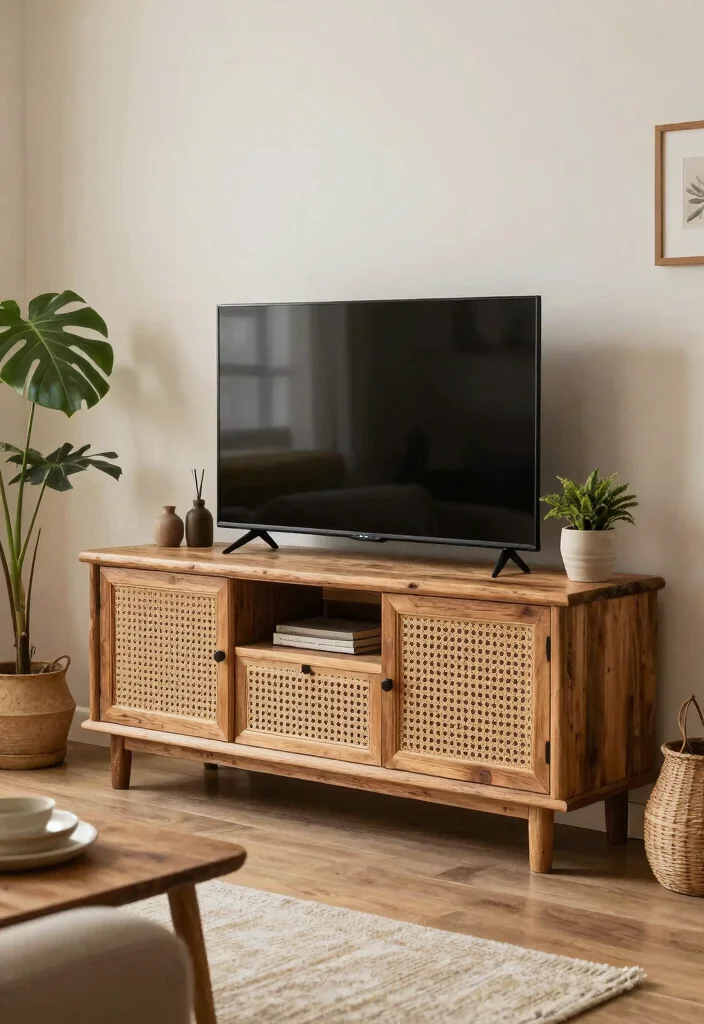 14 Cane TV Unit Ideas With Natural Texture - 4. Rustic Charm 1