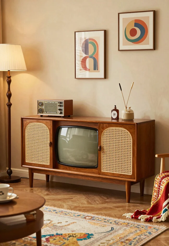 14 Cane TV Unit Ideas With Natural Texture - 5. Vintage Flair 1