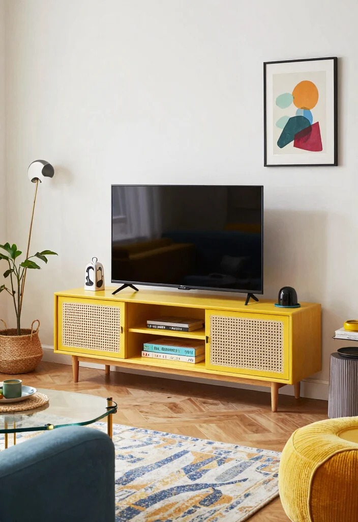 14 Cane TV Unit Ideas With Natural Texture - 8. Eclectic Mix 1