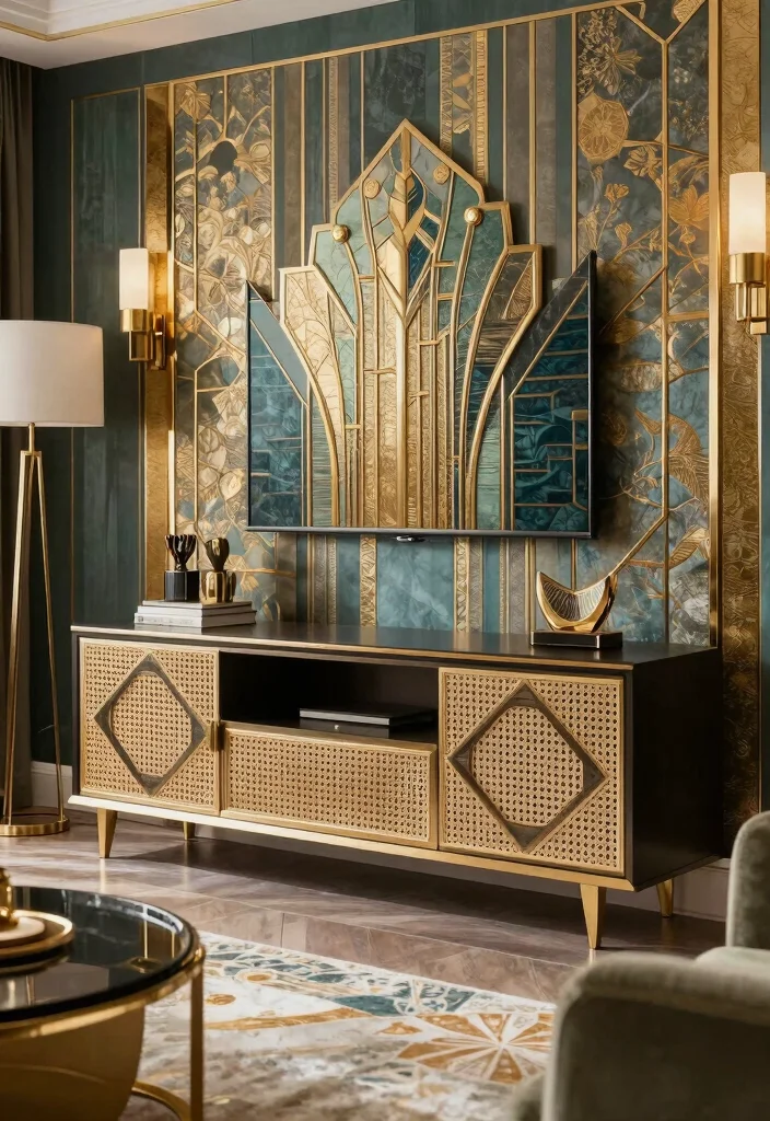 14 Cane TV Unit Ideas With Natural Texture - 9. Art Deco Glamour 1