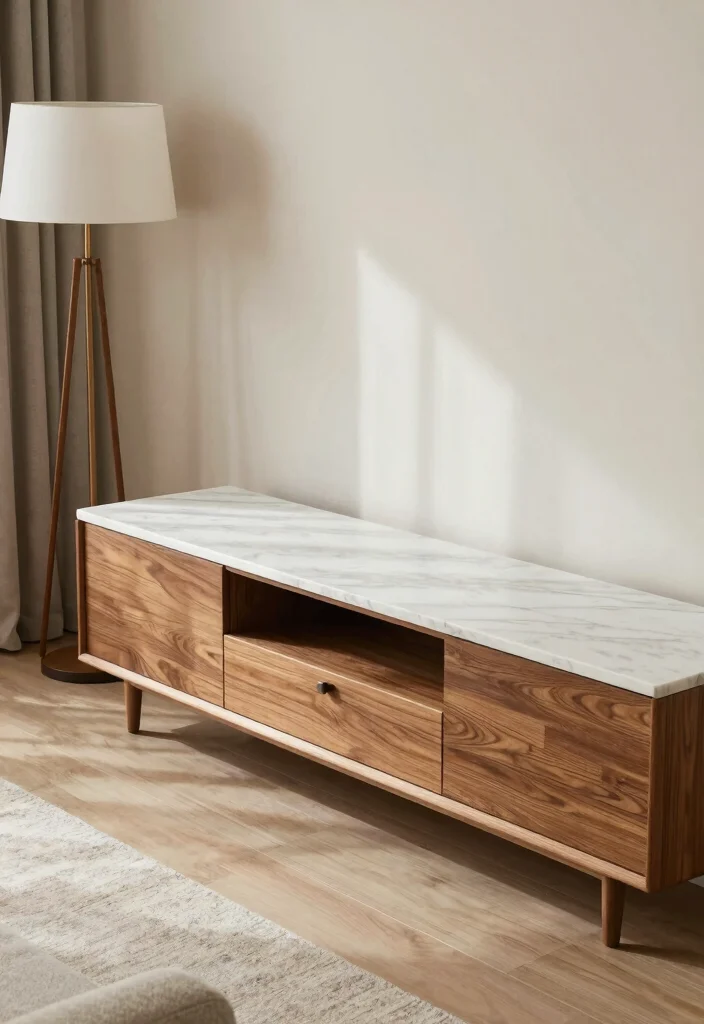 14 Marble TV Unit Ideas With Luxe Appeal - 6. Marble and Wood Combination 1