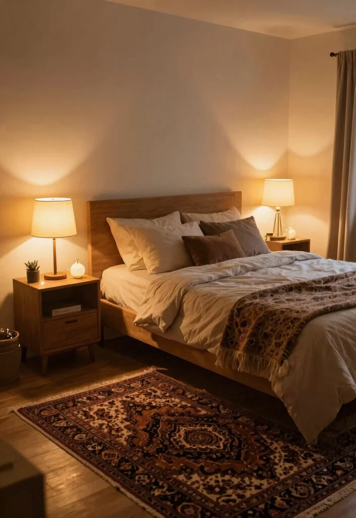 14 Persian Rug Bedroom Aesthetic Ideas With Luxe Charm - 11. Warm Lighting Effects 1