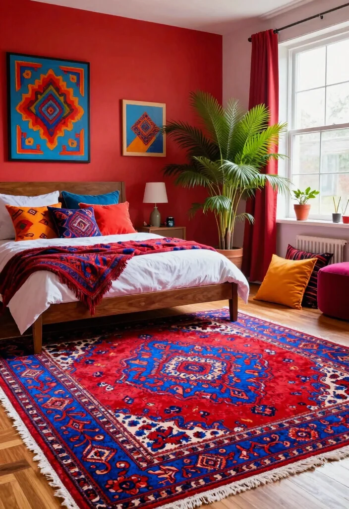 14 Persian Rug Bedroom Aesthetic Ideas With Luxe Charm - 2. Bold Color Combinations 1