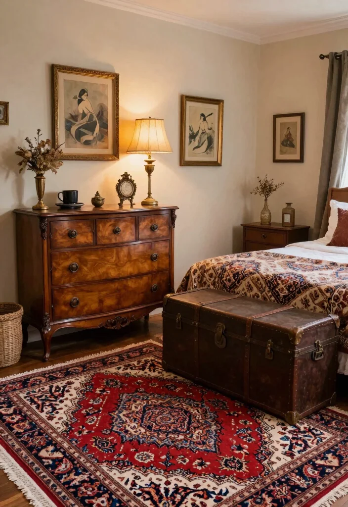 14 Persian Rug Bedroom Aesthetic Ideas With Luxe Charm - 4. Vintage Charm with Antiques 1