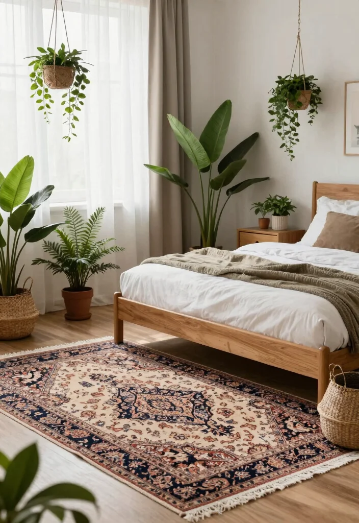 14 Persian Rug Bedroom Aesthetic Ideas With Luxe Charm - 8. Natural Elements and Greenery 1