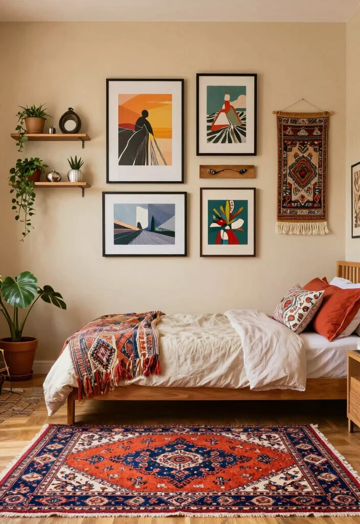 14 Persian Rug Bedroom Aesthetic Ideas With Luxe Charm - 9. Artistic Wall Decor 1