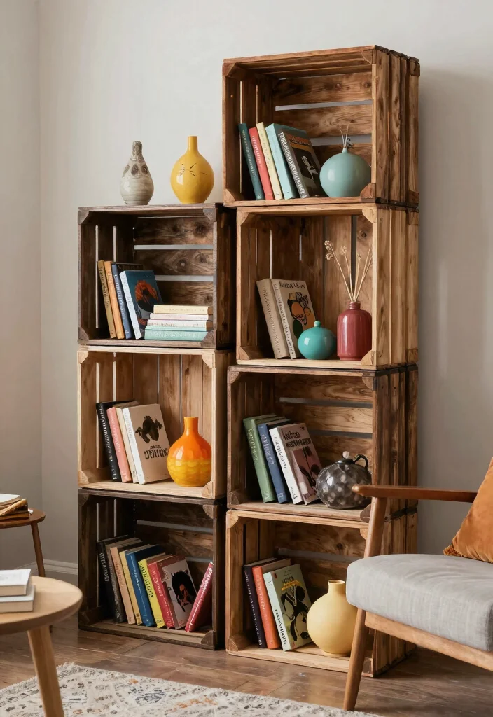 14 Small Space Bookshelf Ideas That Maximize Every Inch - 14. Vintage Crates for a Playful Touch 1