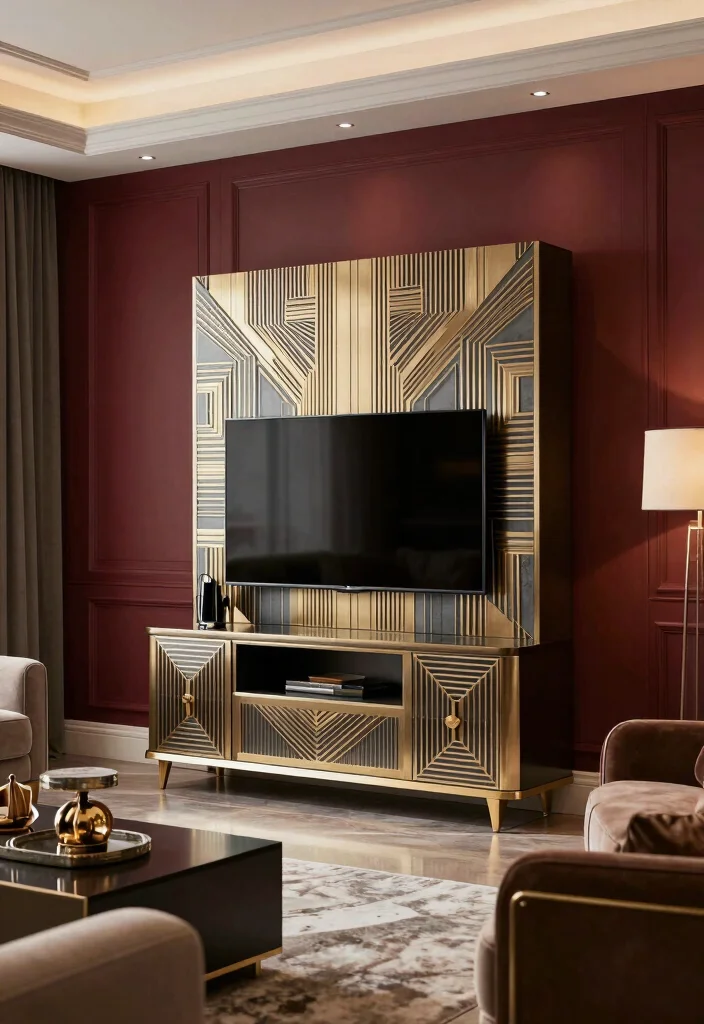 14 Tall TV Unit Ideas That Make a Statement 42 14 Tall TV Unit Ideas That Make a Statement - 12. Art Deco Glam 1