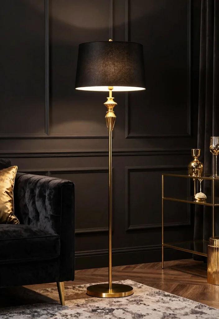 15 Black Floor Lamp Ideas That Feel Bold & Sleek 63 15 Black Floor Lamp Ideas That Feel Bold & Sleek - 13. The Bold Black & Gold Combo: Luxe Appeal 1