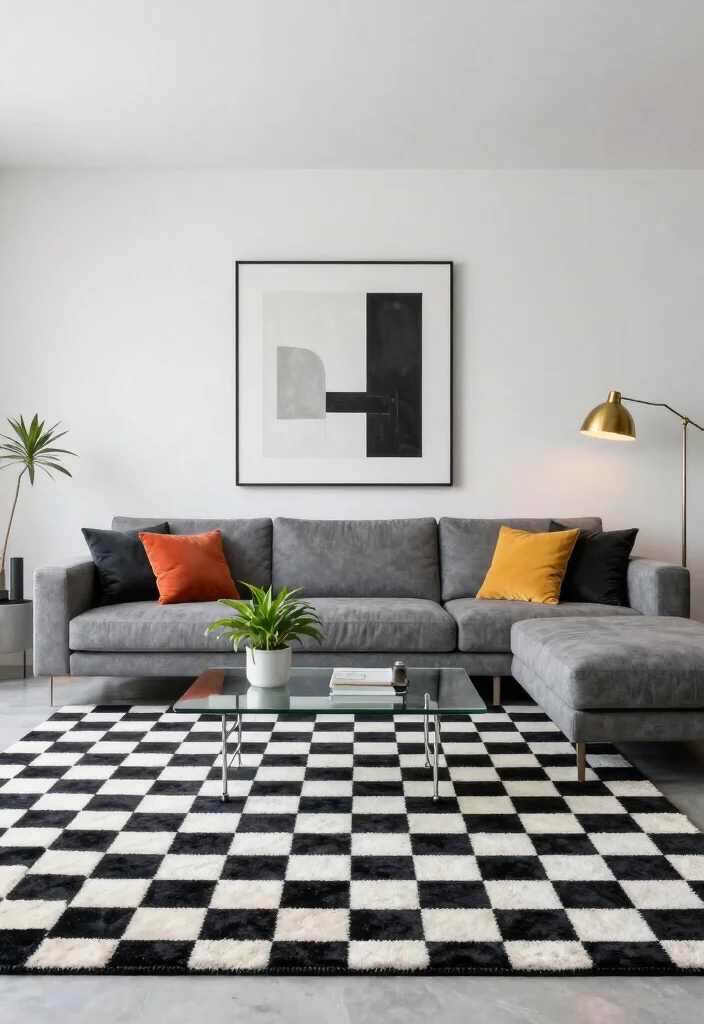 15 Checkered Rug Living Room Ideas That Feel Bold & Trendy 1 15 Checkered Rug Living Room Ideas That Feel Bold & Trendy - 1. Monochrome Magic 1