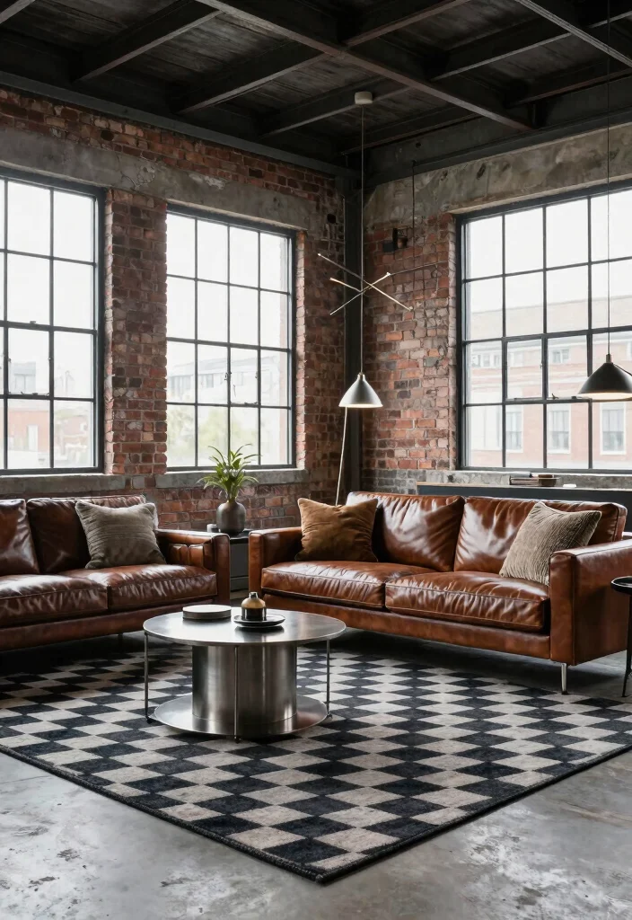 15 Checkered Rug Living Room Ideas That Feel Bold & Trendy 50 15 Checkered Rug Living Room Ideas That Feel Bold & Trendy - 10. Industrial Edge 1