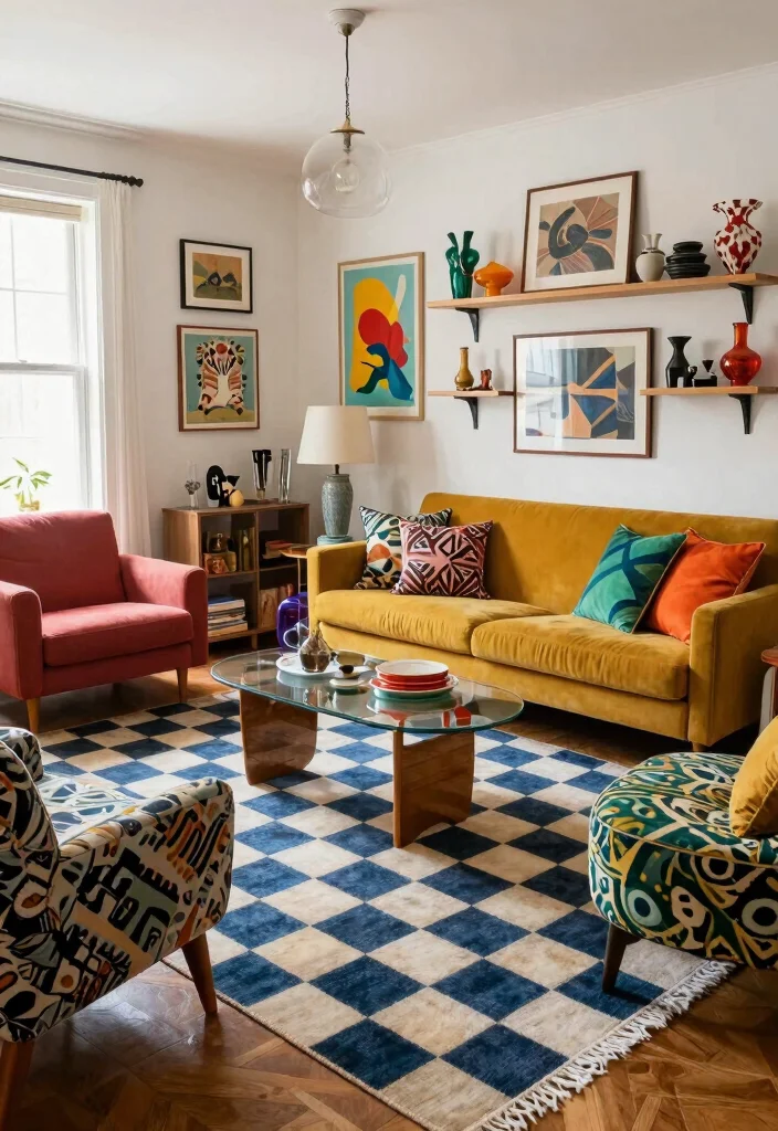 15 Checkered Rug Living Room Ideas That Feel Bold & Trendy 51 15 Checkered Rug Living Room Ideas That Feel Bold & Trendy - 11. Eclectic Mix 1