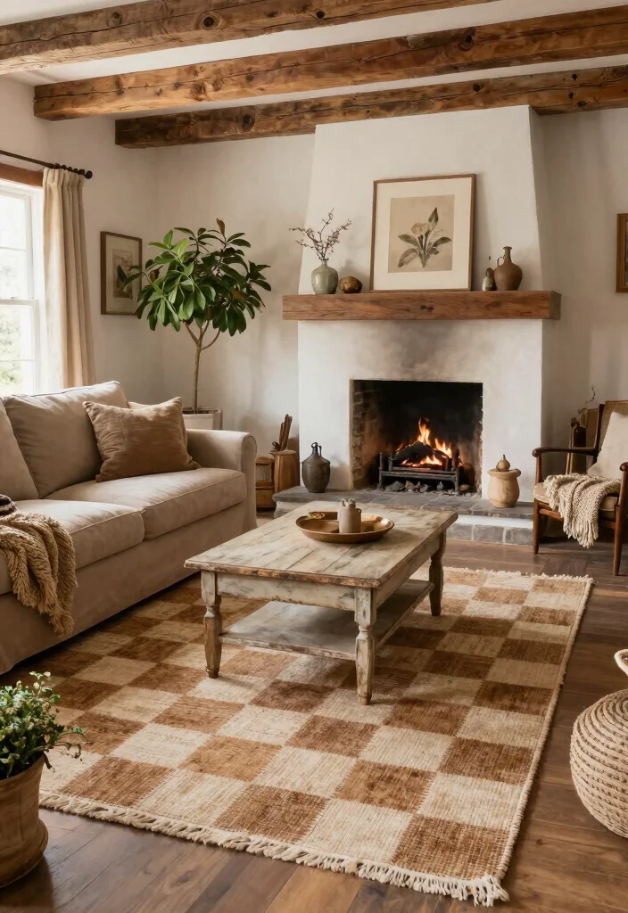 15 Checkered Rug Living Room Ideas That Feel Bold & Trendy 62 15 Checkered Rug Living Room Ideas That Feel Bold & Trendy - 12. Rustic Elegance 1