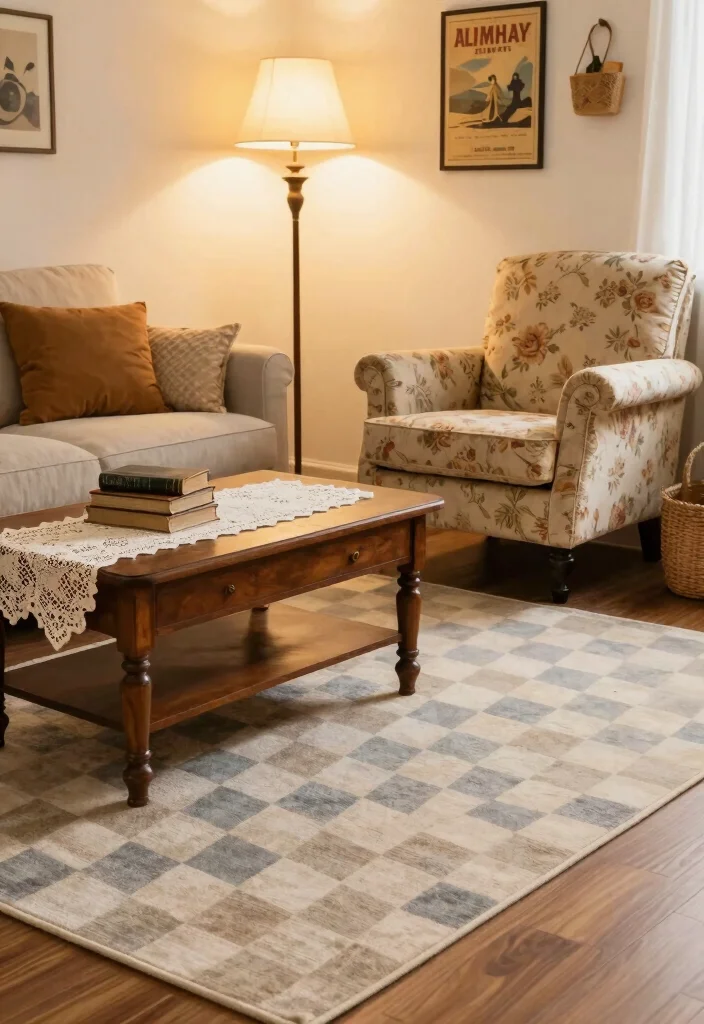 15 Checkered Rug Living Room Ideas That Feel Bold & Trendy 12 15 Checkered Rug Living Room Ideas That Feel Bold & Trendy - 2. Vintage Charm 1