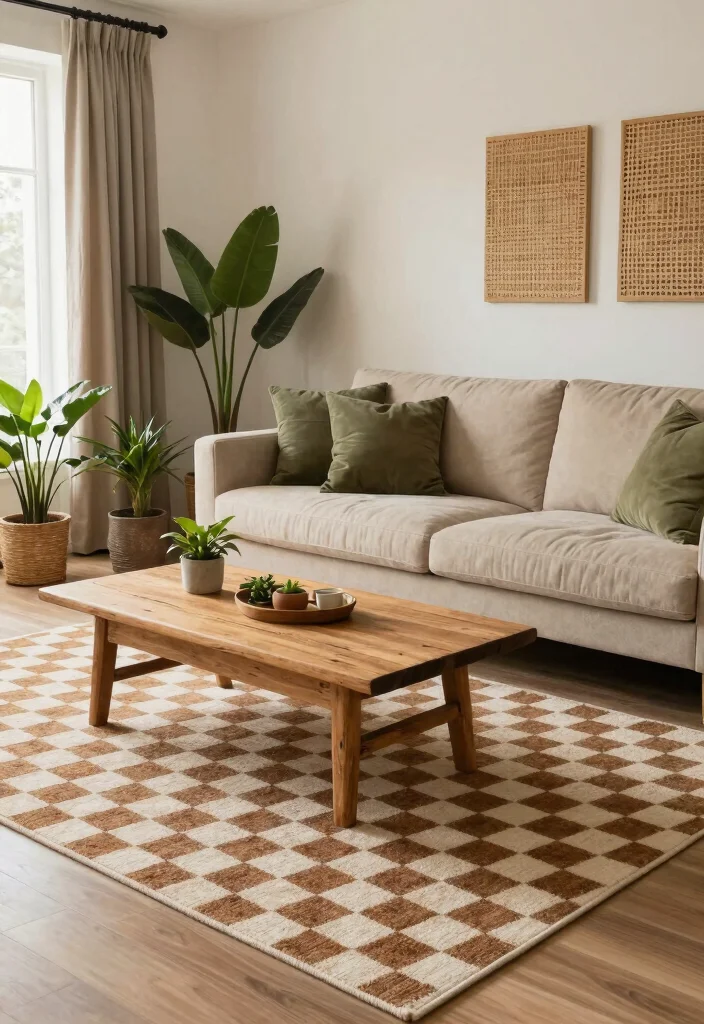 15 Checkered Rug Living Room Ideas That Feel Bold & Trendy 14 15 Checkered Rug Living Room Ideas That Feel Bold & Trendy - 4. Earthy Tones 1