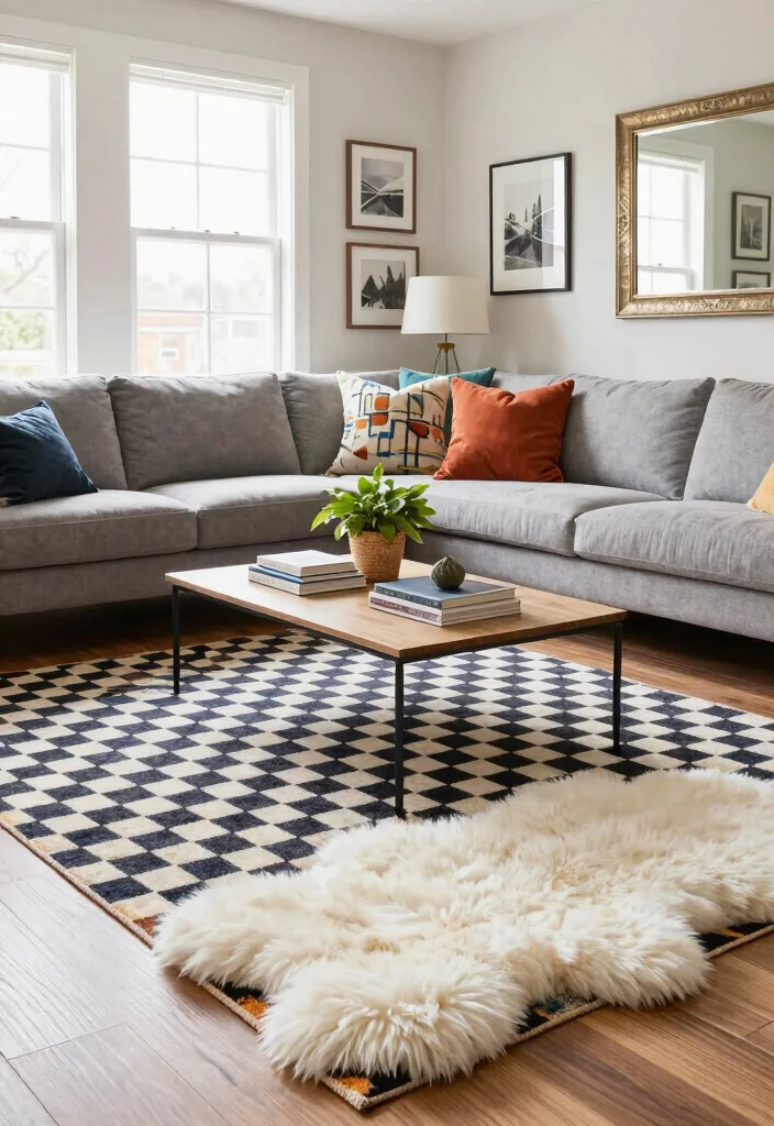 15 Checkered Rug Living Room Ideas That Feel Bold & Trendy 25 15 Checkered Rug Living Room Ideas That Feel Bold & Trendy - 5. Textured Layers 1