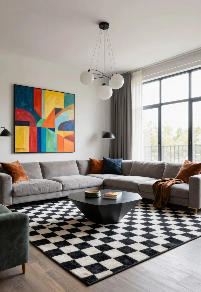 15 Checkered Rug Living Room Ideas That Feel Bold & Trendy 36 15 Checkered Rug Living Room Ideas That Feel Bold & Trendy - 6. Statement Pieces 1