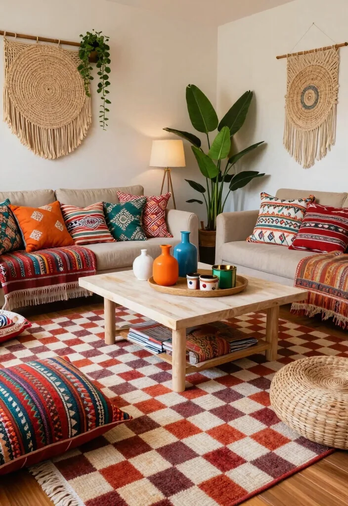 15 Checkered Rug Living Room Ideas That Feel Bold & Trendy 37 15 Checkered Rug Living Room Ideas That Feel Bold & Trendy - 7. Bohemian Bliss 1