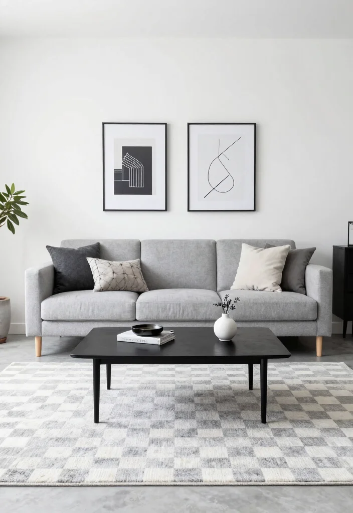 15 Checkered Rug Living Room Ideas That Feel Bold & Trendy 48 15 Checkered Rug Living Room Ideas That Feel Bold & Trendy - 8. Modern Minimalism 1