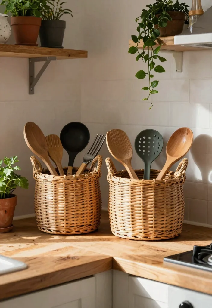15 Cutlery Unit Design Modern Ideas That Organize Beautifully - 6. Decorative Baskets for Utensils 1