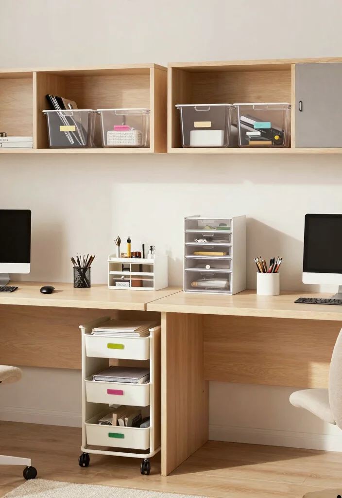 15 Dual Desk Setup Ideas for Maximum Productivity - 9. Smart Storage Solutions 1