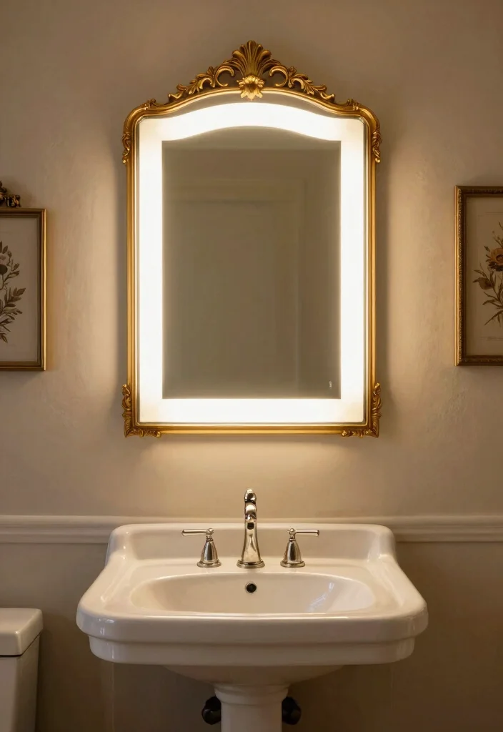 15 LED Light Mirror Bathroom Ideas That Glow Beautifully 13 15 LED Light Mirror Bathroom Ideas That Glow Beautifully - 3. Vintage Glam 1