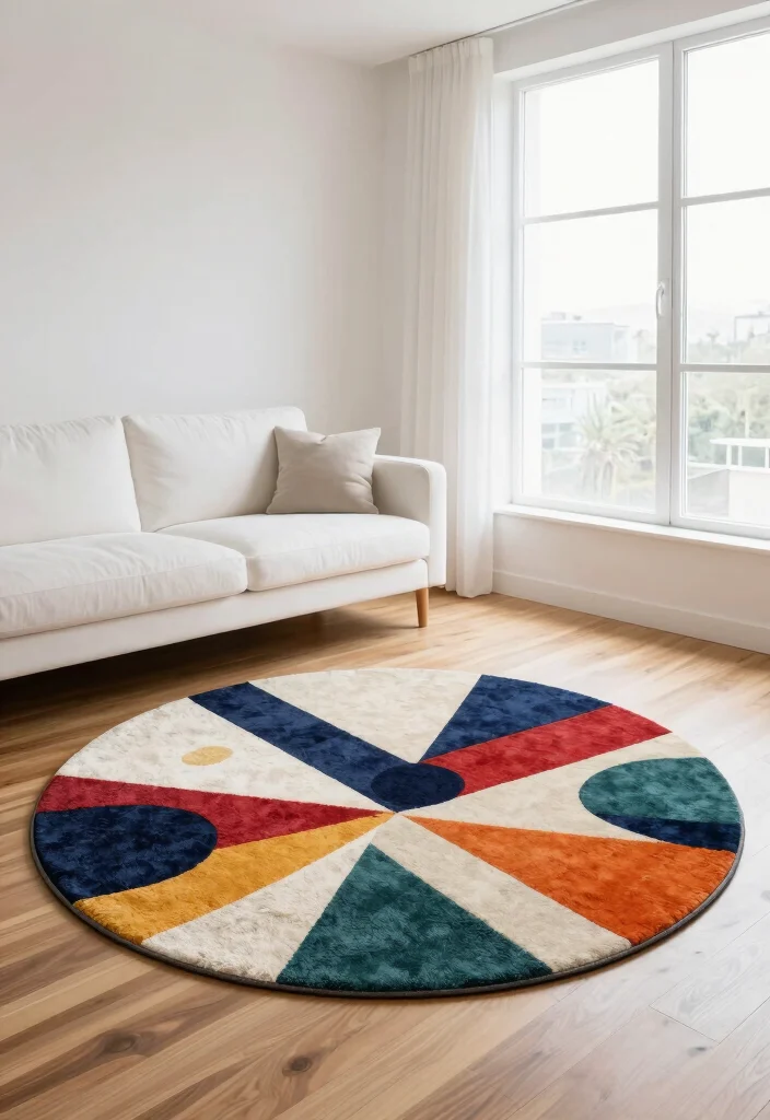 15 Round Boho Rug Ideas With Free Spirited Vibes - 11. Geometric Pattern Round Rug 1