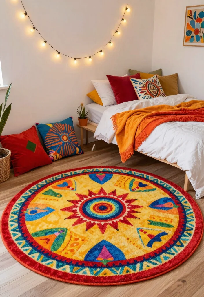 15 Round Boho Rug Ideas With Free Spirited Vibes - 14. Festival-Inspired Round Rug 1