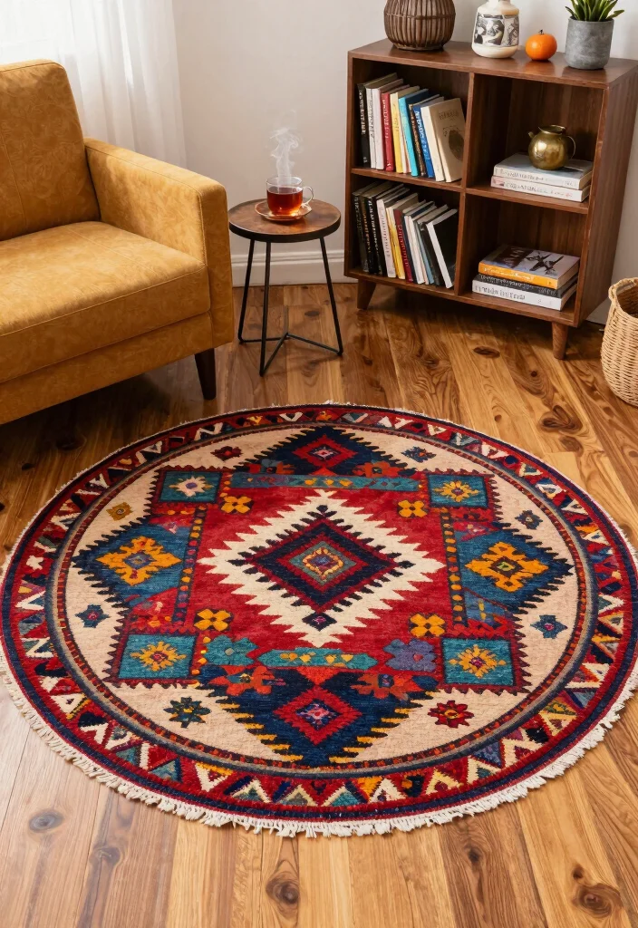 15 Round Boho Rug Ideas With Free Spirited Vibes - 2. Vibrant Kilim Round Rug 1