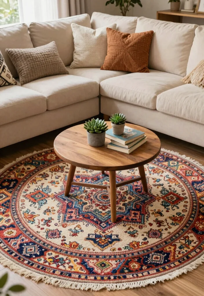 15 Round Boho Rug Ideas With Free Spirited Vibes - 5. Hand-Woven Round Rug 1