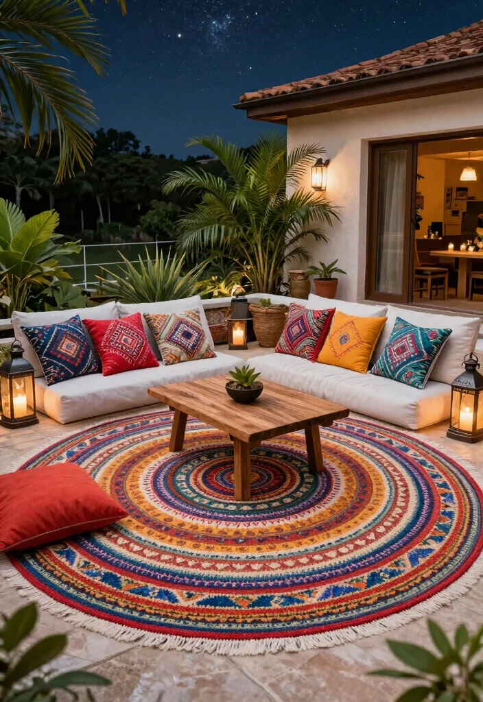 15 Round Boho Rug Ideas With Free Spirited Vibes - 9. Outdoor Boho Round Rug 1
