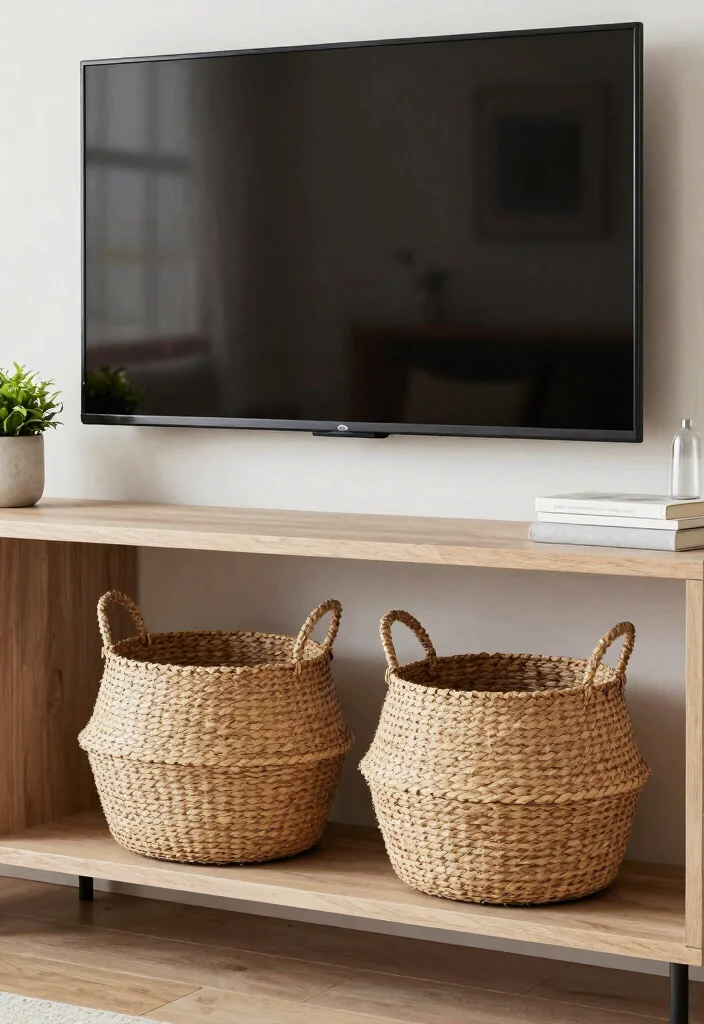 15 TV Unit Decoration Ideas That Elevate Your Space - 3. Use Decorative Baskets for Storage 1