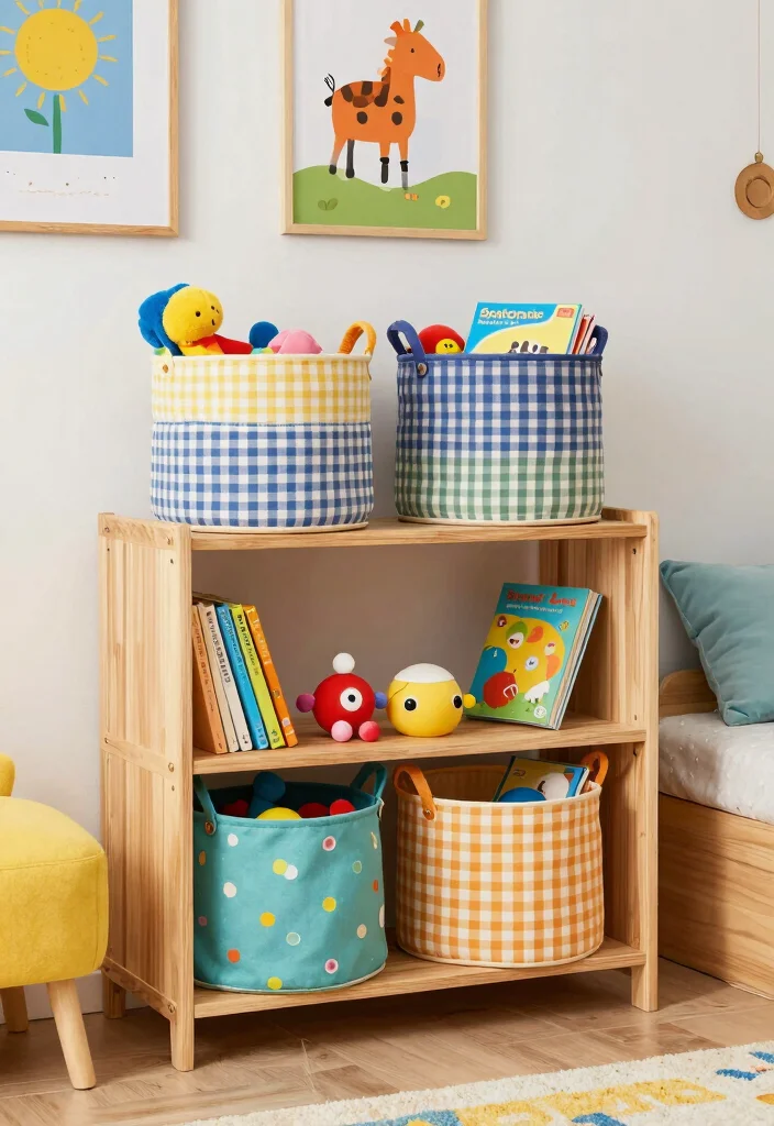16 Bookshelf Toy Storage Ideas That Hide Clutter Stylishly 3 16 Bookshelf Toy Storage Ideas That Hide Clutter Stylishly - 3. Colorful Fabric Baskets 1