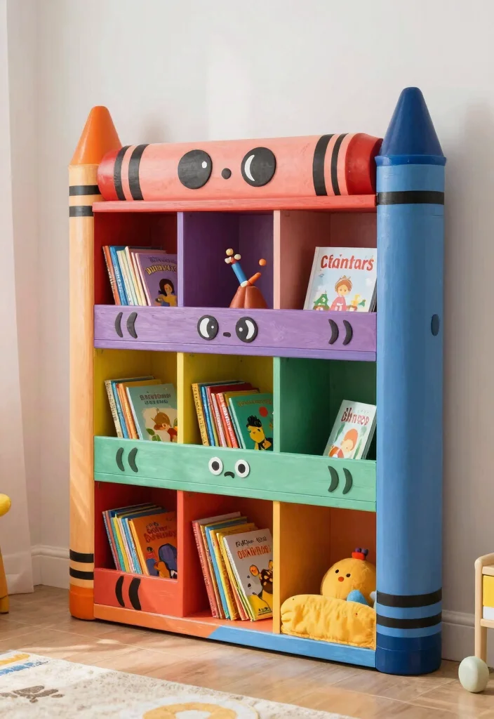 16 Bookshelf for Kids Room Ideas That Keep It Fun & Organized 30 16 Bookshelf for Kids Room Ideas That Keep It Fun & Organized - 10. DIY Bookshelf with Crayons 1