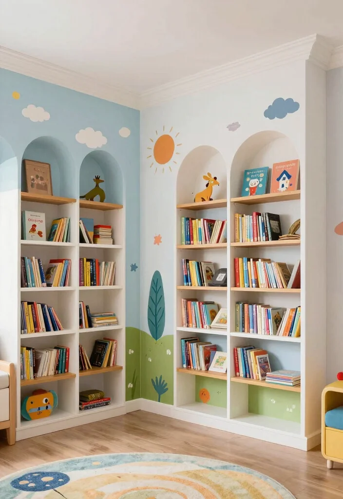 16 Bookshelf for Kids Room Ideas That Keep It Fun & Organized 66 16 Bookshelf for Kids Room Ideas That Keep It Fun & Organized - 16. Artistic Wall Murals with Bookshelves 1