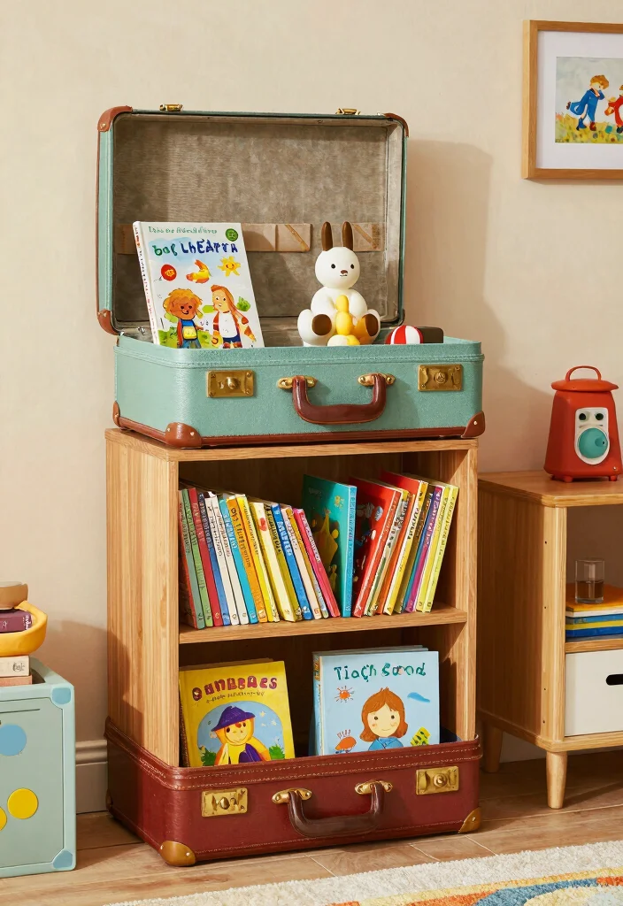 16 Bookshelf for Kids Room Ideas That Keep It Fun & Organized 18 16 Bookshelf for Kids Room Ideas That Keep It Fun & Organized - 8. Vintage Suitcase Bookshelves 1