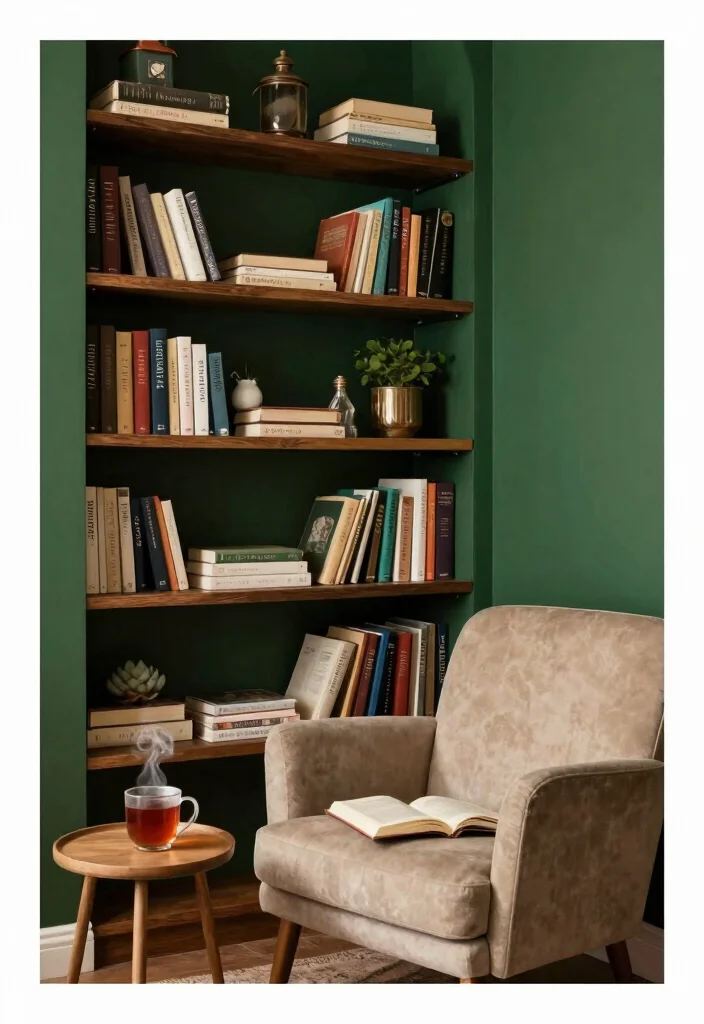 16 Green Bookshelf Aesthetic Ideas With Moody Vibes 23 16 Green Bookshelf Aesthetic Ideas With Moody Vibes - 3. Deep Green Accent Wall 1