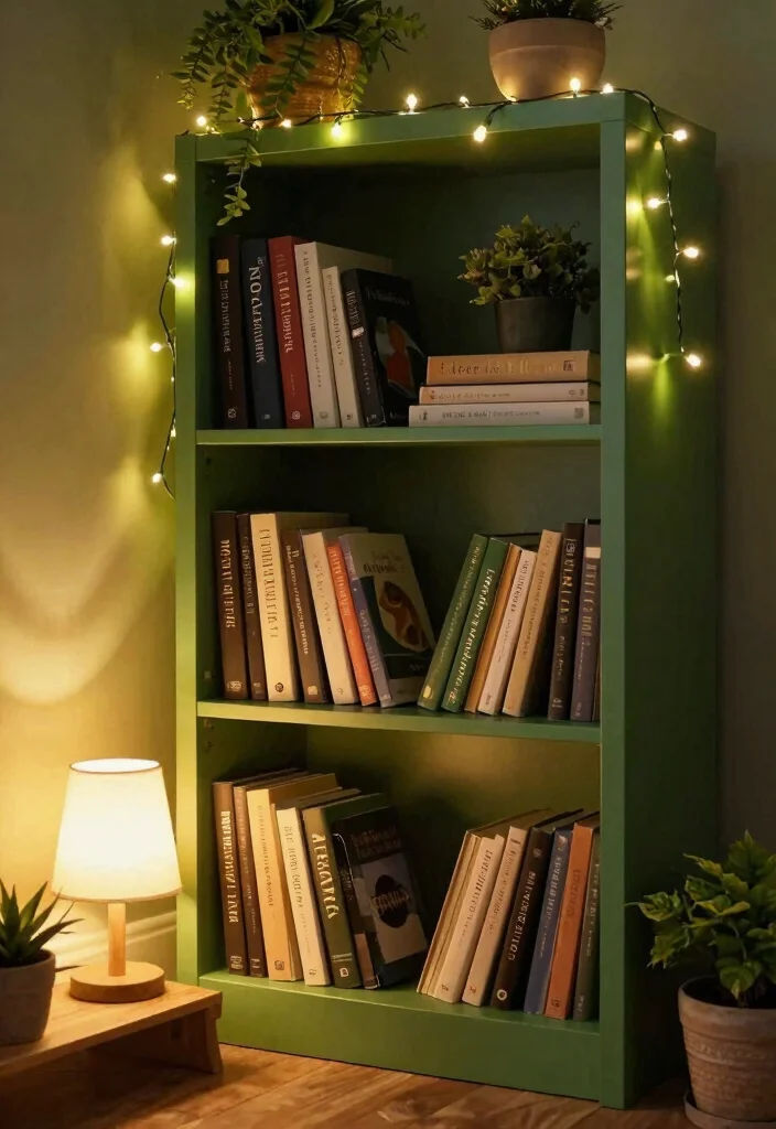16 Green Bookshelf Aesthetic Ideas With Moody Vibes 26 16 Green Bookshelf Aesthetic Ideas With Moody Vibes - 6. Soft Lighting 1