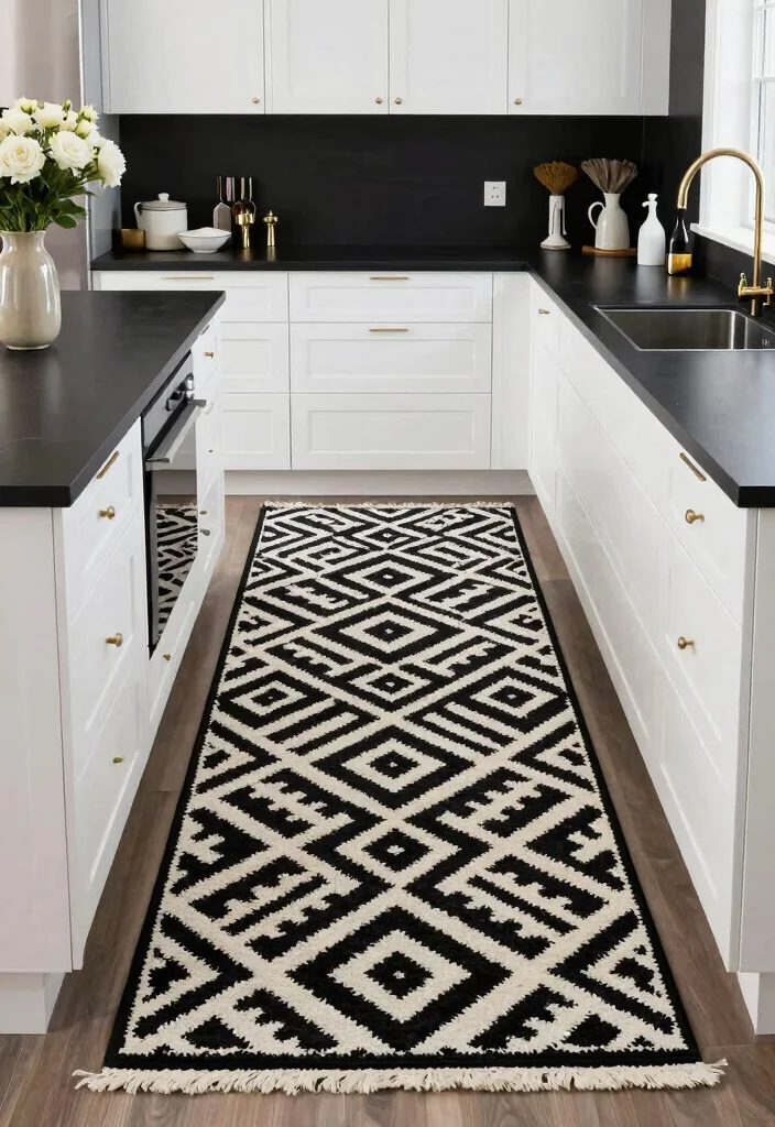 16 Rug Runner Kitchen Ideas That Blend Style & Function - 10. Classic Black and White for Timeless Elegance 1
