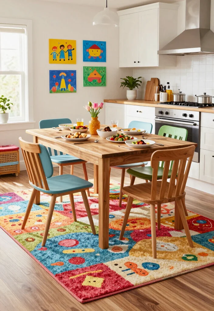 16 Rug Under Kitchen Table Ideas That Actually Work - 11. Multi-Colored Area Rugs for a Family-Friendly Space 1