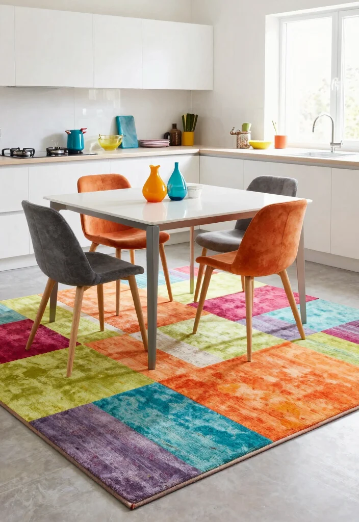 16 Rug Under Kitchen Table Ideas That Actually Work - 14. Brightly Colored Rugs for Cheerful Dining 1
