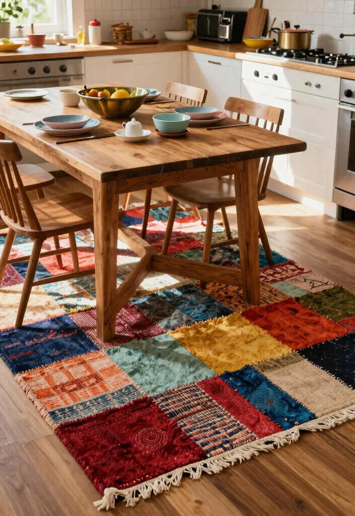 16 Rug Under Kitchen Table Ideas That Actually Work - 16. Upcycled Fabrics for a Unique Touch 1