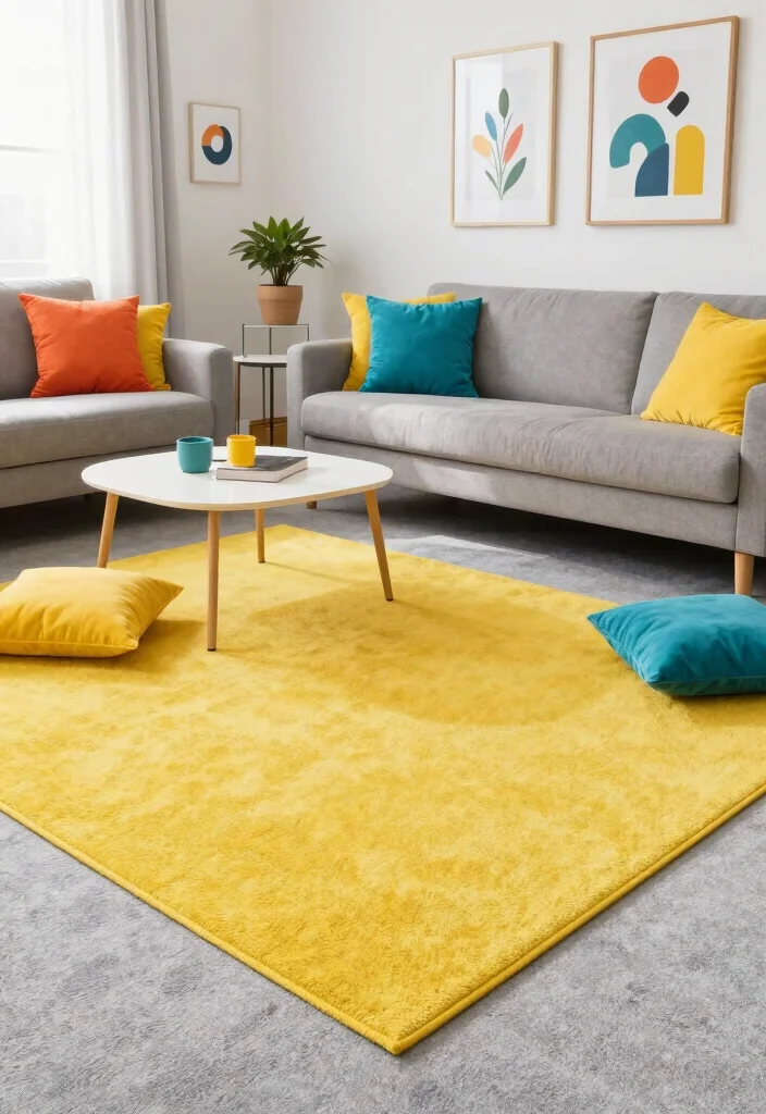 16 Rug on Carpet Living Room 2026 Trending Ideas That Layer Like a Pro 26 16 Rug on Carpet Living Room 2026 Trending Ideas That Layer Like a Pro - 6. Playful Contrast with Bright Colors 1