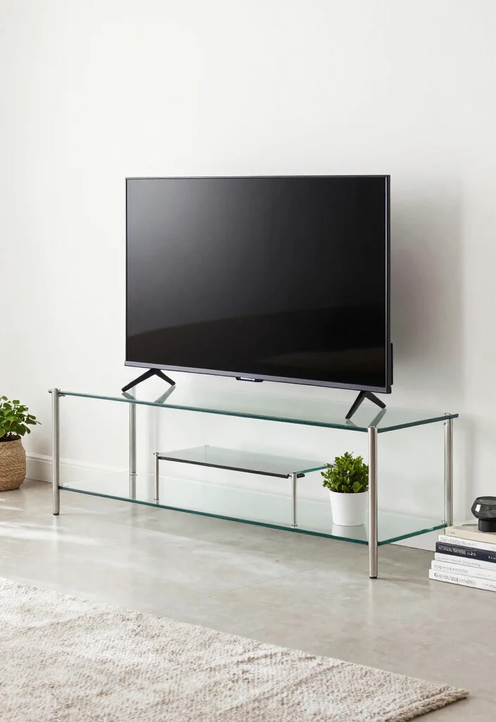 16 TV Unit Design for Living Room Ideas That Wow 15 16 TV Unit Design for Living Room Ideas That Wow - 5. Minimalist Glass TV Stand 1