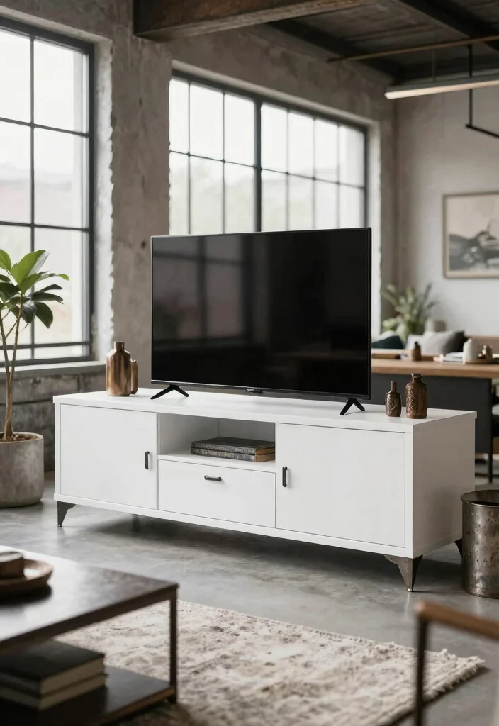 16 TV Unit White Ideas That Feel Clean & Bright - 11. Industrial Chic 1
