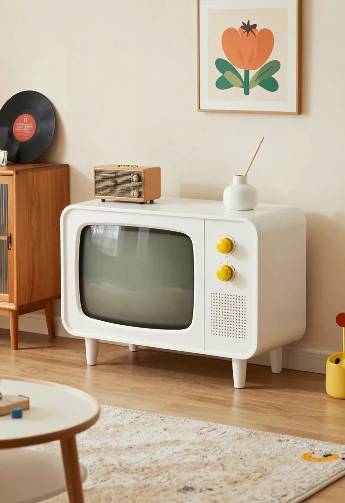 16 TV Unit White Ideas That Feel Clean & Bright - 12. Retro Vibes 1
