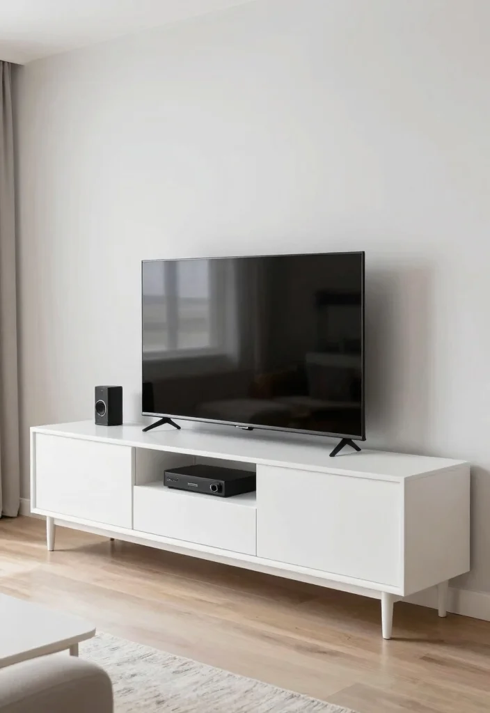 16 TV Unit White Ideas That Feel Clean & Bright - 15. Stylish Cabinets with Sliding Doors 1